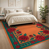 Orange Area Rug with Vibrant Red Rose Border
