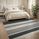 Textured Black White Striped Woven Area Rug