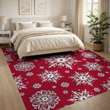 Red Festive Red Snowflake Floral Area Rug