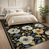 Black Anemone Floral Vintage Area Rug