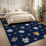 Playful Cartoon Cats Gold Stars Navy Rug