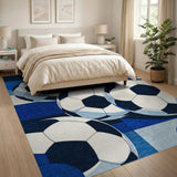 ODIKA Washable Soccer Ball Blue Geometric Area Rug, Non-Slip Low Pile Sports Carpet for Kids Playroom