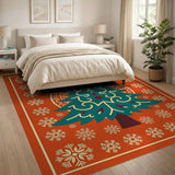 Teal Mandala Christmas Tree Area Rug with Snowflakes