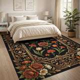 Ornate Gold Frame Floral Rug with Roses Tulips
