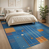 Geometric Blue Grid Area Rug with Orange Accents