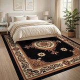 Ornate Black Persian Area Rug with Gold Floral Border