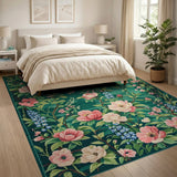Floral Vintage Emerald Green Peony Floral Area Rug