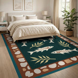 ODIKA Mediterranean Fish Pattern Washable Teal Area Rug - Low Pile & Non-Slip