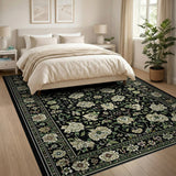 Black Persian Floral Area Rug with Ivory Blooms