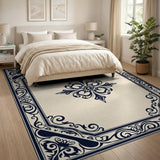 Ornate Navy Border Beige Area Rug