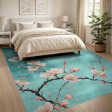 ODIKA Washable Cherry Blossom Area Rug - Teal Floral Low Pile Non-Slip Rug
