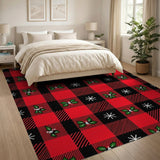 Festive Red Black Plaid Holly Snowflake Area Rug
