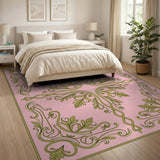 ODIKA Washable Pink & Olive Vintage Ornate Floral Low Pile Rug
