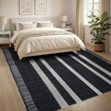 Black White Striped Woven Fringe Area Rug