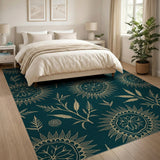Teal Gold Sunflower Mandala Area Rug