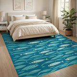 Teal Fish Waves Coastal Area Rug