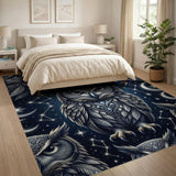 ODIKA Mystic Owl Celestial Washable Area Rug - Navy Blue Low Pile Non-Slip