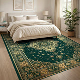 Emerald Green Persian Area Rug with Gold Medallion