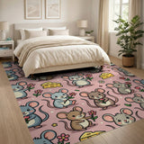 Cute Cartoon Mice with Flowers Cheese Pink Rug
