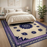 Navy Floral Persian Area Rug with Purple Border