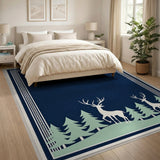 Navy Blue Deer and Pine Forest Silhouette Rug