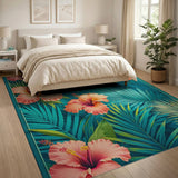 Washable Tropical Teal Hibiscus Area Rug - Low Pile, Non-Slip, Pet Friendly