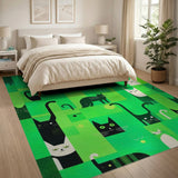 Playful Black Cats Geometric Green Area Rug