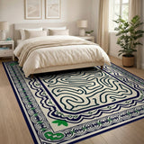 Navy Labyrinth Maze Rug with Ornate Green Borders