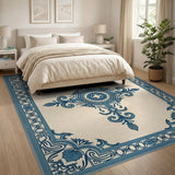 Ornate Blue Floral Medallion Cream Rug