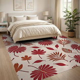 Red Hibiscus Flower Leaf Pattern Area Rug