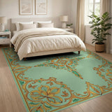 Teal Gold Ornate Floral Border Rug