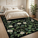 Vintage White Blossom Green Vine Black Area Rug
