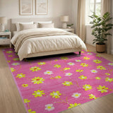 Pink Vibrant Pink Yellow Daisy Floral Area Rug