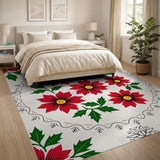 Festive Red Poinsettia Holly Floral Rug
