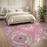 Pink Pink Ornate Damask Floral Area Rug