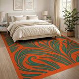 Vibrant Orange Green Swirling Leaf Area Rug