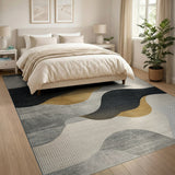 Abstract Wavy Grey Gold Area Rug