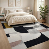Washable Abstract Geometric Area Rug - Modern Gold & Black Low Pile Non-Slip Rug