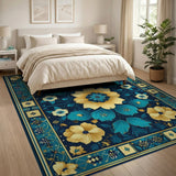 Teal and Gold Persian Floral Medallion Rug