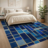 Navy Blue Geometric Grid Rug with Gold Accents