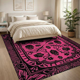 Ornate Pink Skull Rose Area Rug