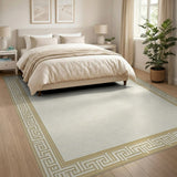 Beige and Neutral Beige Greek Key Border Area Rug