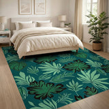 Lush Green Leaves on Teal Area Rug