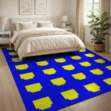 Vibrant Yellow Geometric Pixels on Blue Area Rug