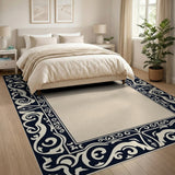 Ornate Navy Ivory Border Beige Area Rug