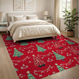 Festive Christmas Trees Stars Red Area Rug