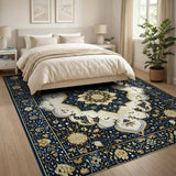 Navy Persian Medallion Area Rug with Gold Florals
