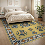 Yellow Persian Medallion Area Rug with Blue Motifs