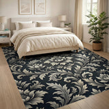 Elegant Damask Floral Area Rug Black White