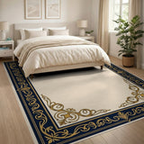 Ornate Gold Navy Baroque Border Area Rug